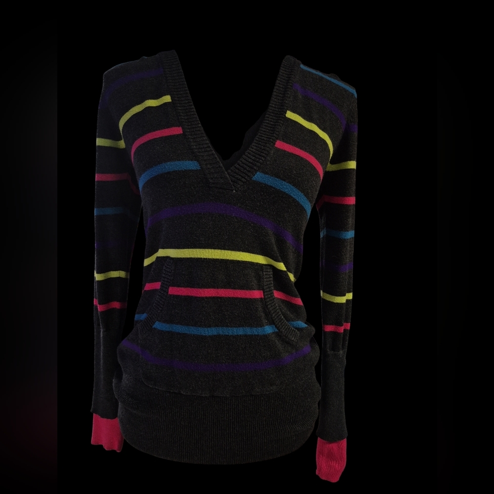 Rue 21 Striped V-Neck Charcoal Hoodie Sweater Multi Colored Stripes- Size Medium